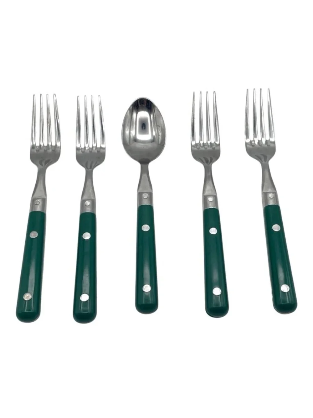 4 Farberware Stainless Steel Hunter Green Forks Plus 1 Teaspoon Plastic Handle